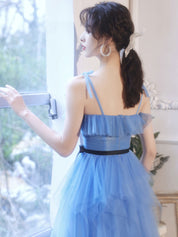 Light Blue A-Line Sweetheart Mini Tulle Homecoming Dress with Ruffled Neckline & Contrast Waist Bow