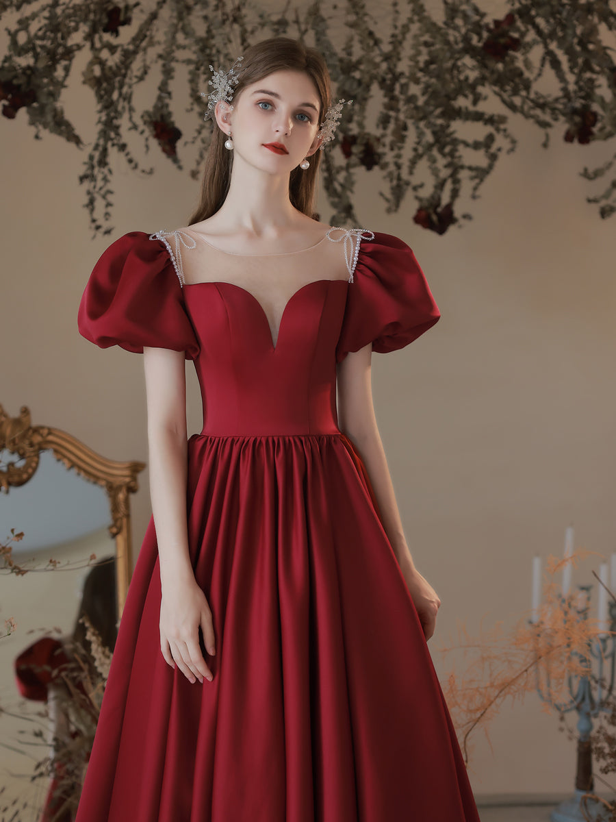A-Line Sweetheart Neck Floor-Length Red Satin Prom Dress with Puff Sleeves