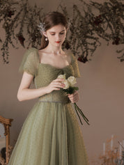 A-Line Square Neck Floor-Length Tulle Swiss Dot Prom Dress with Puff Sleeves