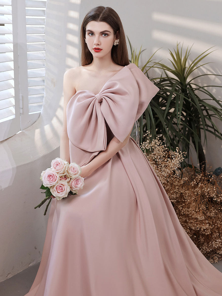 A-Line One-Shoulder Floor-Length Blush Satin Prom Dress with Sculptural Bow Detail