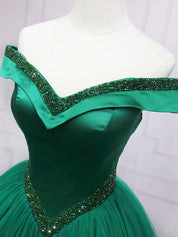 Emerald Ball Gown Off-the-Shoulder Floor-Length Tulle Prom Dress with Beaded Waistline