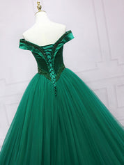 Emerald Ball Gown Off-the-Shoulder Floor-Length Tulle Prom Dress with Beaded Waistline