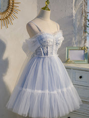 A-Line Sweetheart Neck Short Tulle Homecoming Dress with Lace Appliqué Bodice and Tiered Skirt