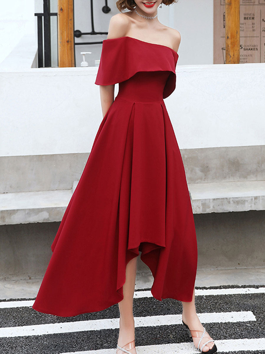 Red A-Line Off-the-Shoulder High-Low Chiffon Prom Dress with Draped Asymmetrical Hem
