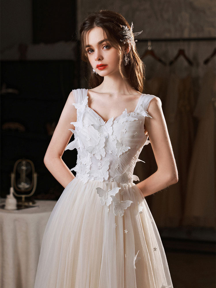 A-Line Ivory V-Neck Tea-Length Tulle Homecoming Dress with Floral Appliqué