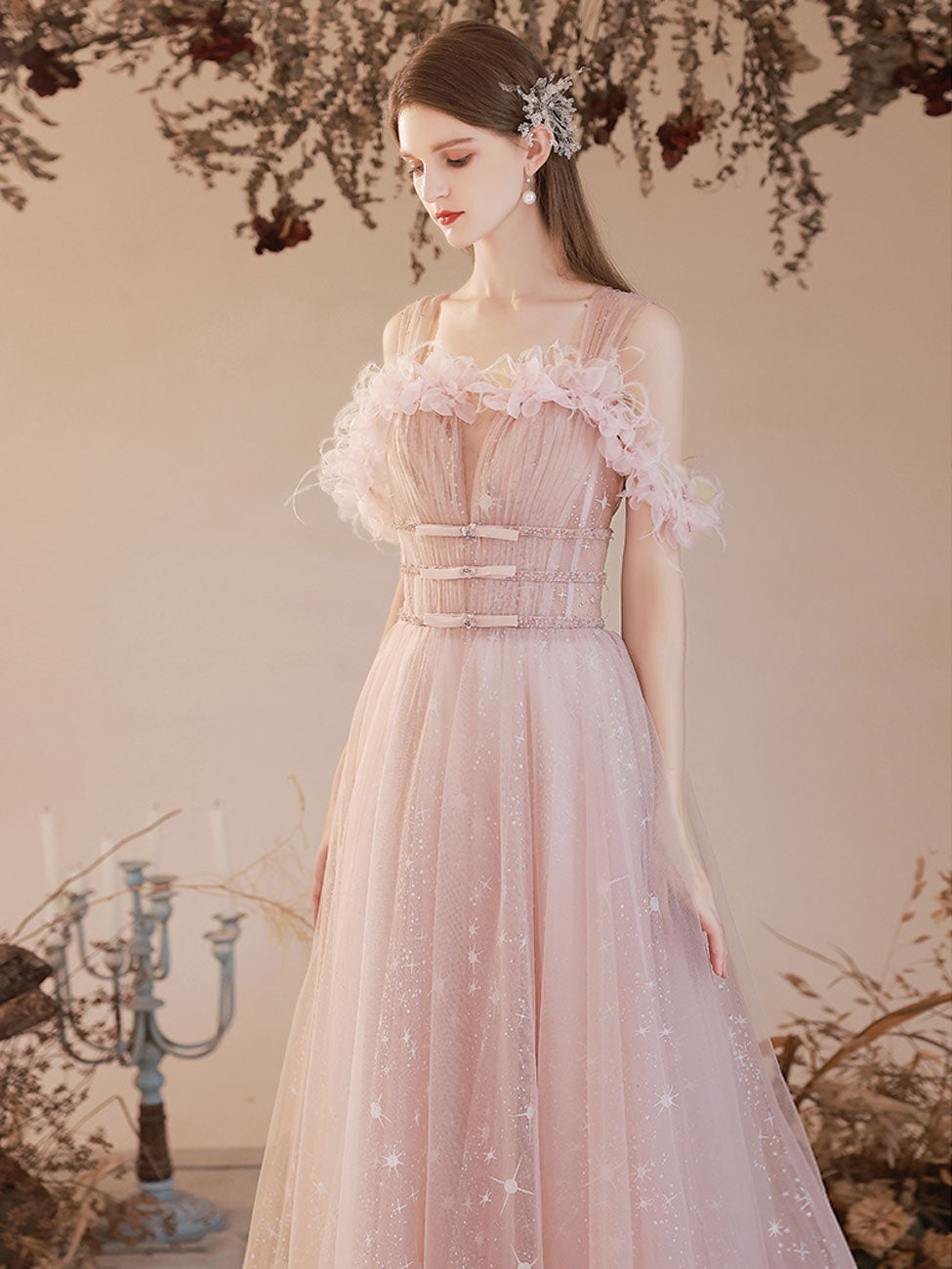 A-Line Sweetheart Off-the-Shoulder Floor-Length Pink Tulle Prom Dress with Floral Trim and Starry Glitter