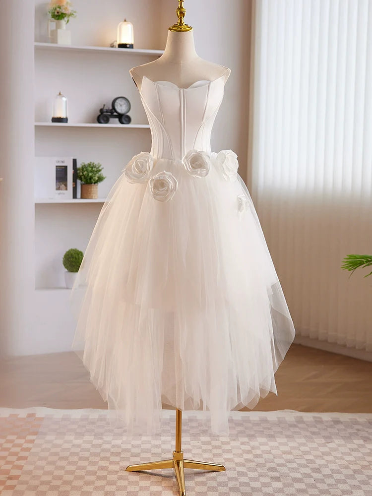 A-Line Sweetheart Neck Asymmetrical Tulle & Satin Dress with 3D Floral Appliqué Homecoming Dress