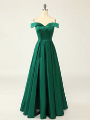 A-Line Green Off Shoulder Long Prom Dresses, Green Formal Evening Dresses