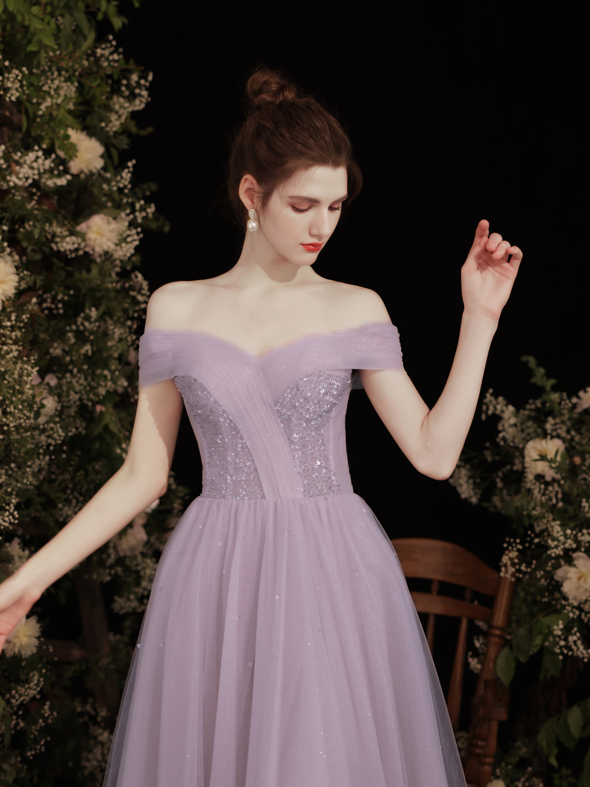 A-Line Off-the-Shoulder Sweetheart Floor-Length Lavender Tulle Prom Dress with Subtle Sparkle Bodice