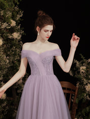A-Line Off-the-Shoulder Sweetheart Floor-Length Lavender Tulle Prom Dress with Subtle Sparkle Bodice