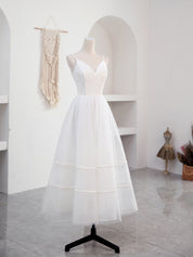 A-Line Sweetheart Tea-Length White Tulle Prom Dress with Spaghetti Straps