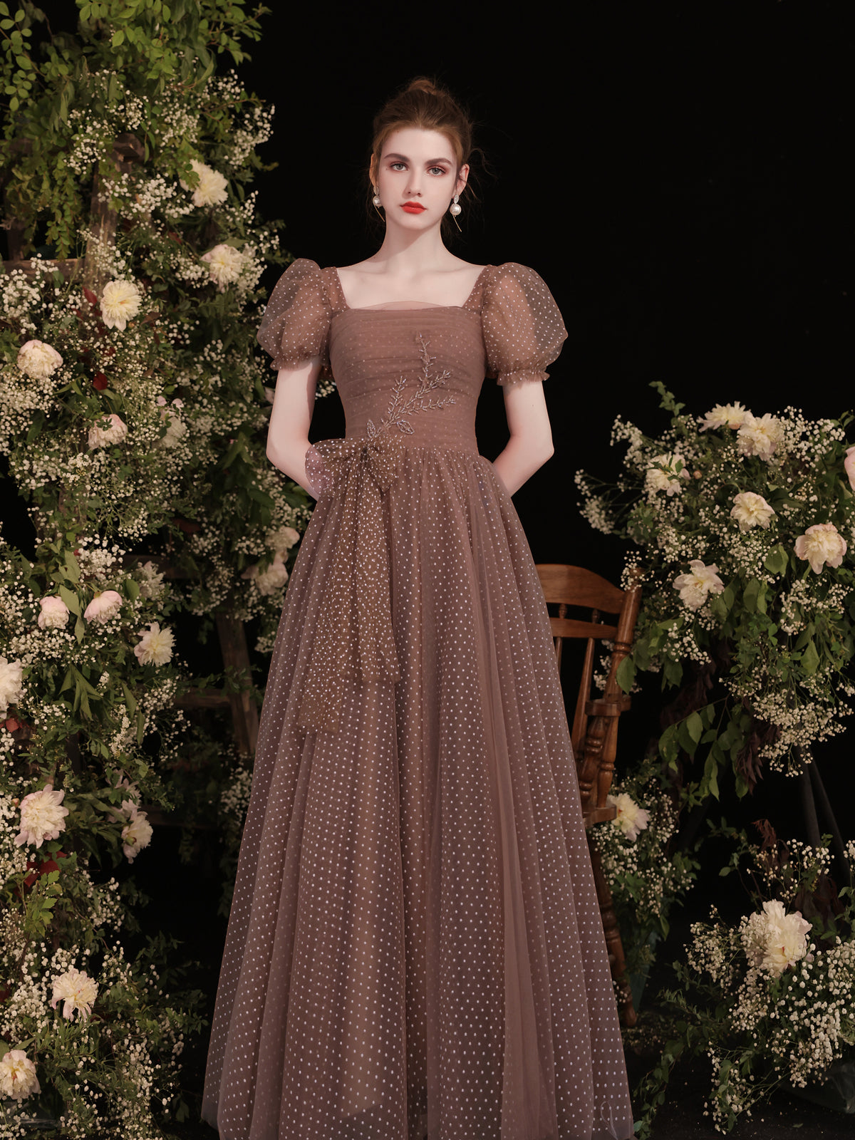 A-Line Square Neck Floor-Length Mocha Polka Dot Tulle Prom Dress with Puff Sleeves