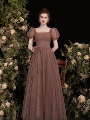 A-Line Square Neck Floor-Length Mocha Polka Dot Tulle Prom Dress with Puff Sleeves