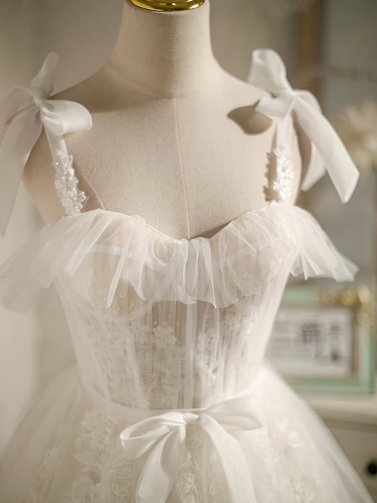 A-Line Sweetheart Mini Tulle Lace Bow Detail Homecoming Dress in White