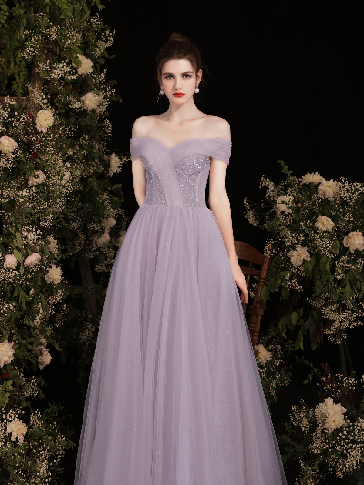 A-Line Off-the-Shoulder Sweetheart Floor-Length Lavender Tulle Prom Dress with Subtle Sparkle Bodice