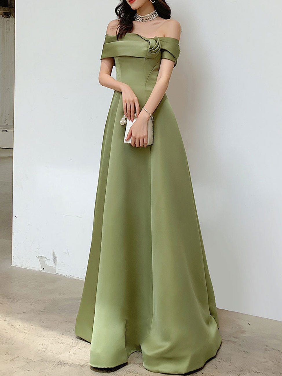 Sage Green A-Line Off-the-Shoulder Floor-Length Satin Prom Dress with Draped Bow Detail