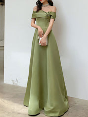 Sage Green A-Line Off-the-Shoulder Floor-Length Satin Prom Dress with Draped Bow Detail