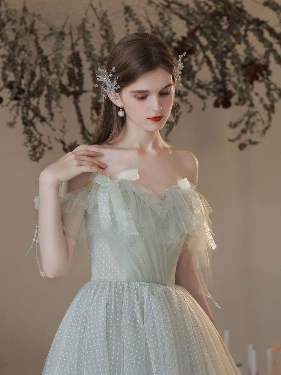 A-Line Sweetheart Neck Floor-Length Sage Green Tulle Prom Dress with Ruffled Cap Sleeves