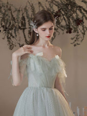 A-Line Sweetheart Neck Floor-Length Sage Green Tulle Prom Dress with Ruffled Cap Sleeves