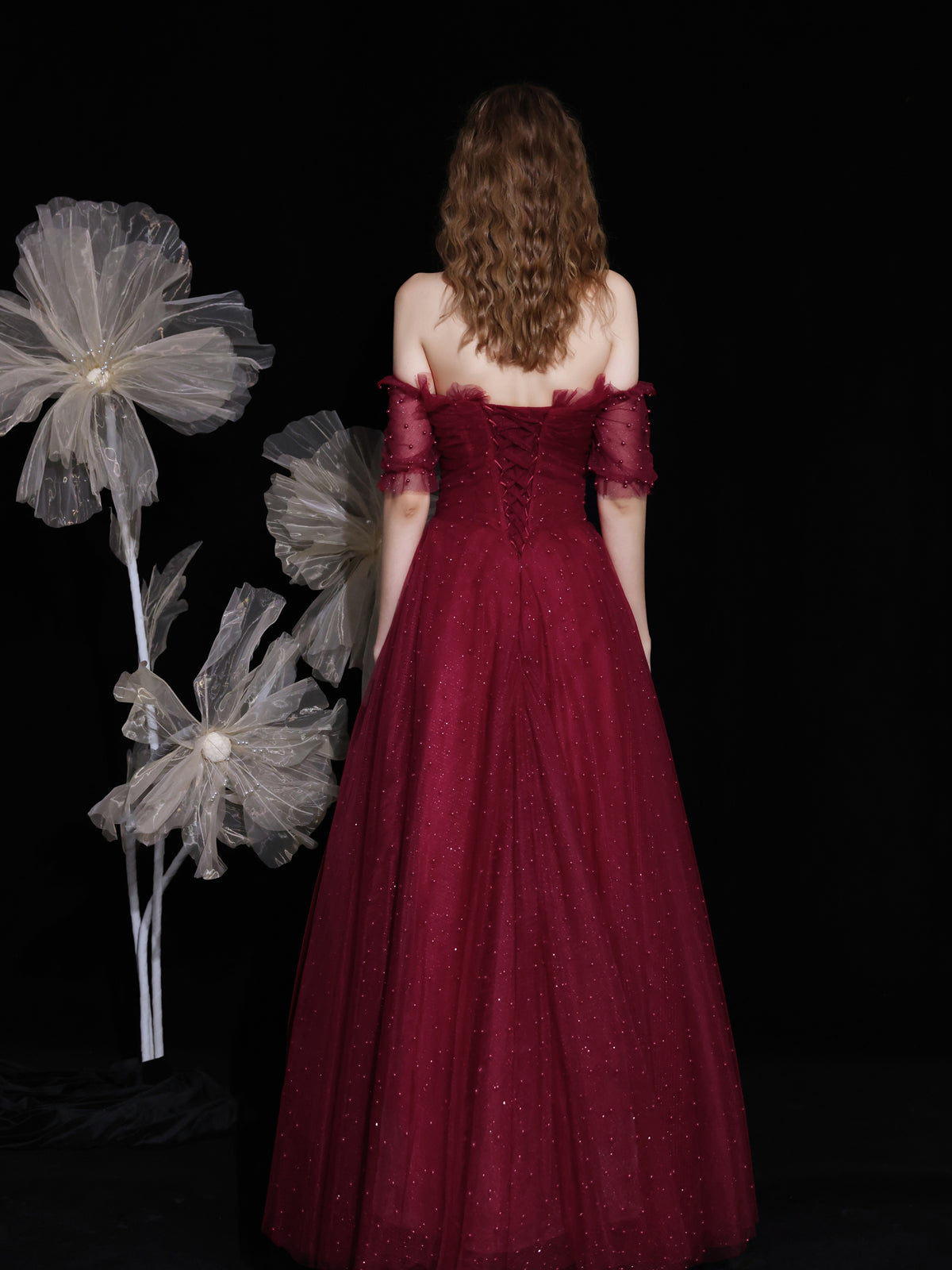 A-Line Off-the-Shoulder Floor-Length Burgundy Tulle Prom Dress with Beading