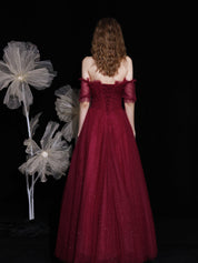 A-Line Off-the-Shoulder Floor-Length Burgundy Tulle Prom Dress with Beading