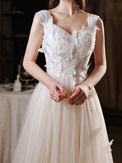 A-Line Ivory V-Neck Tea-Length Tulle Homecoming Dress with Floral Appliqué