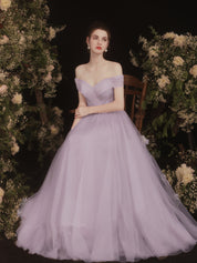 A-Line Off-the-Shoulder Sweetheart Floor-Length Lavender Tulle Prom Dress with Subtle Sparkle Bodice