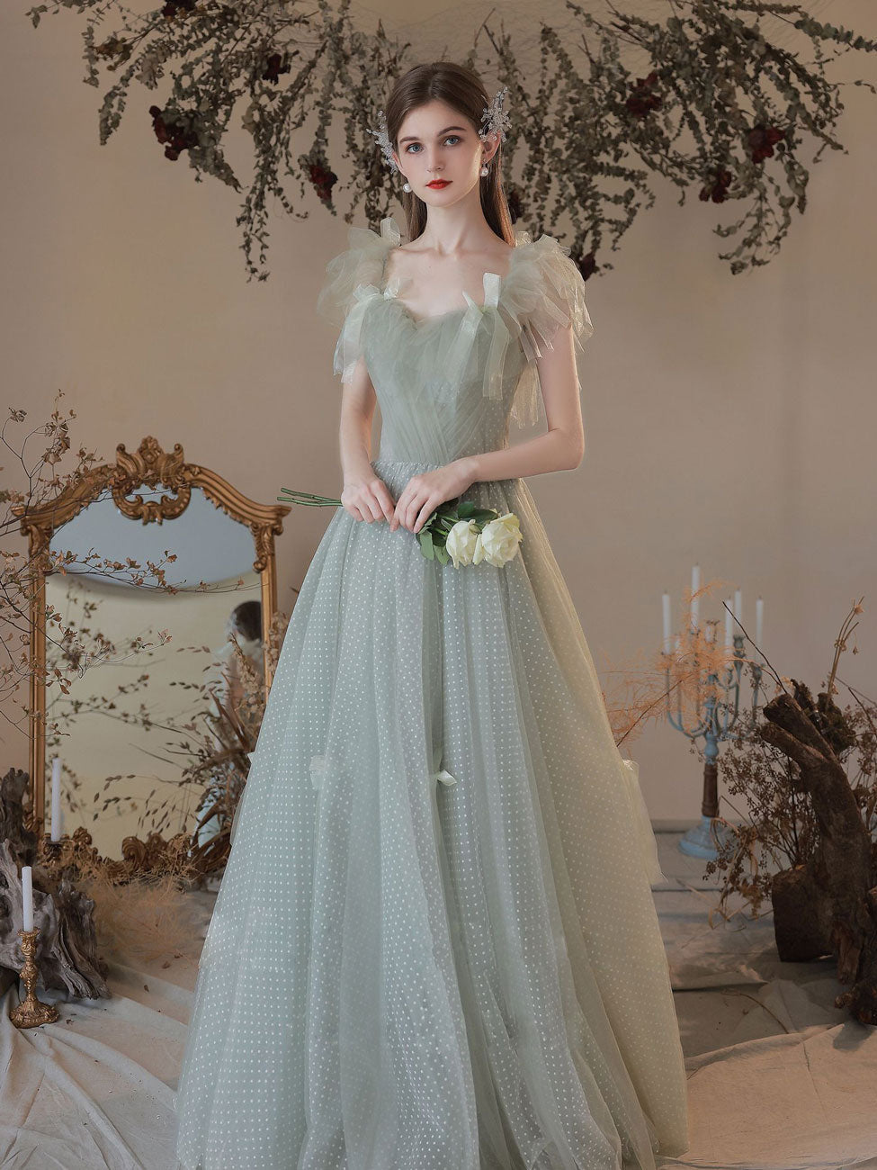 A-Line Sweetheart Neck Floor-Length Sage Green Tulle Prom Dress with Ruffled Cap Sleeves