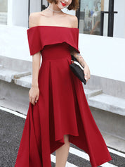 Red A-Line Off-the-Shoulder High-Low Chiffon Prom Dress with Draped Asymmetrical Hem