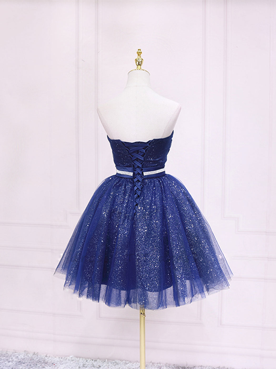Navy A-Line Sweetheart Neck Short/Mini Tulle Homecoming Dress with Glitter Finish