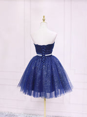 Navy A-Line Sweetheart Neck Short/Mini Tulle Homecoming Dress with Glitter Finish