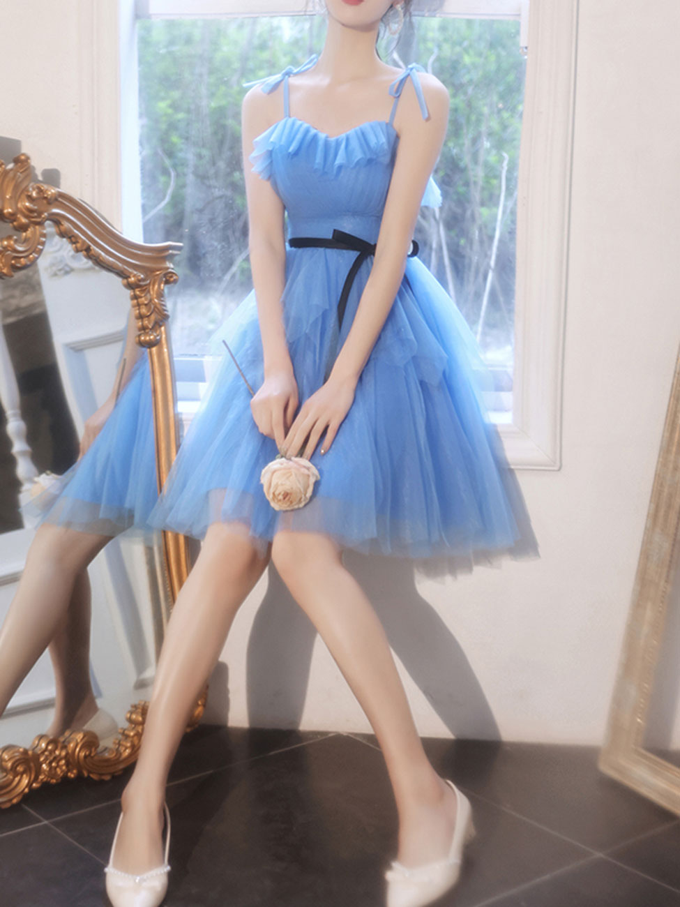 Light Blue A-Line Sweetheart Mini Tulle Homecoming Dress with Ruffled Neckline & Contrast Waist Bow
