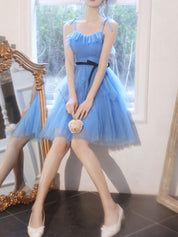 Light Blue A-Line Sweetheart Mini Tulle Homecoming Dress with Ruffled Neckline & Contrast Waist Bow