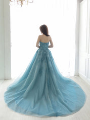 Light Blue A-Line Sweetheart Neck Floor-Length Tulle Prom Dress with Lace Appliqué