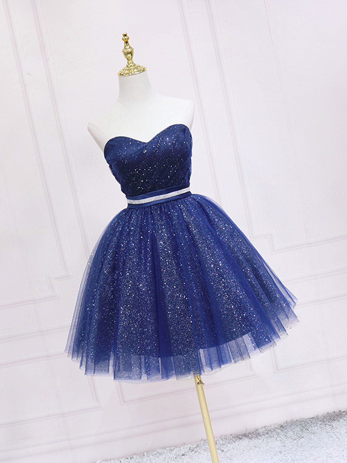 Navy A-Line Sweetheart Neck Short/Mini Tulle Homecoming Dress with Glitter Finish