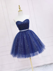 Navy A-Line Sweetheart Neck Short/Mini Tulle Homecoming Dress with Glitter Finish