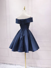 Navy A-Line Off-the-Shoulder Knee-Length Satin Homecoming Dress with Pleated Bodice