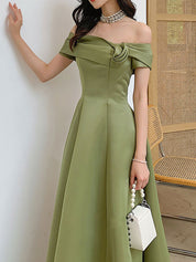 Sage Green A-Line Off-the-Shoulder Floor-Length Satin Prom Dress with Draped Bow Detail