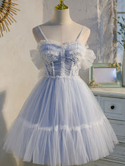 A-Line Sweetheart Neck Short Tulle Homecoming Dress with Lace Appliqué Bodice and Tiered Skirt