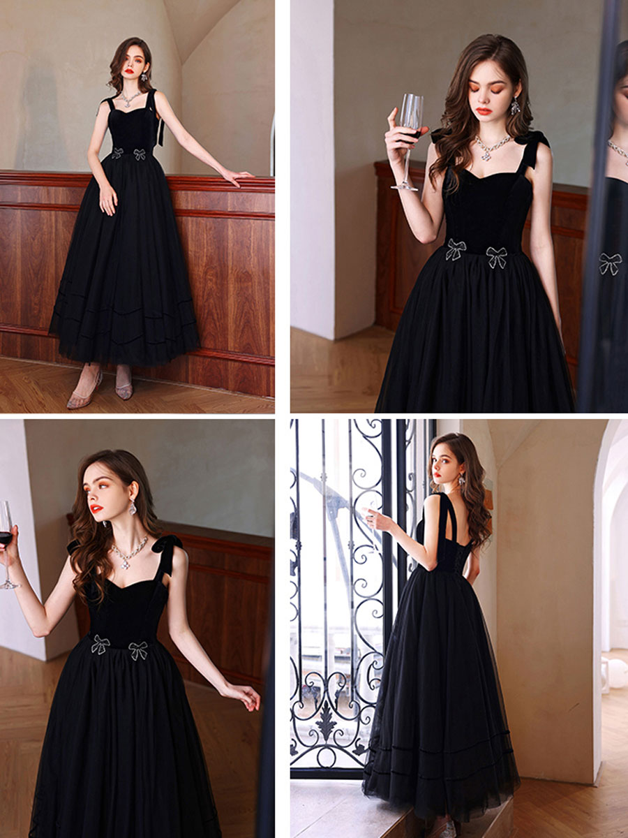 Black A-Line Sweetheart Neck Floor-Length Tulle Prom Dress with Bow Embellishments