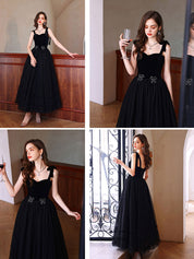 Black A-Line Sweetheart Neck Floor-Length Tulle Prom Dress with Bow Embellishments