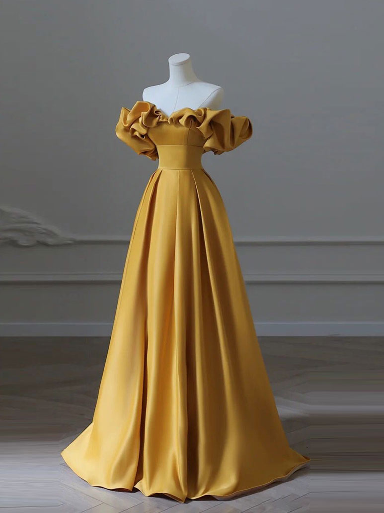 A-Line Off-the-Shoulder Floor-Length Gold Satin Prom Dress with Dramatic Ruffle Sleeves