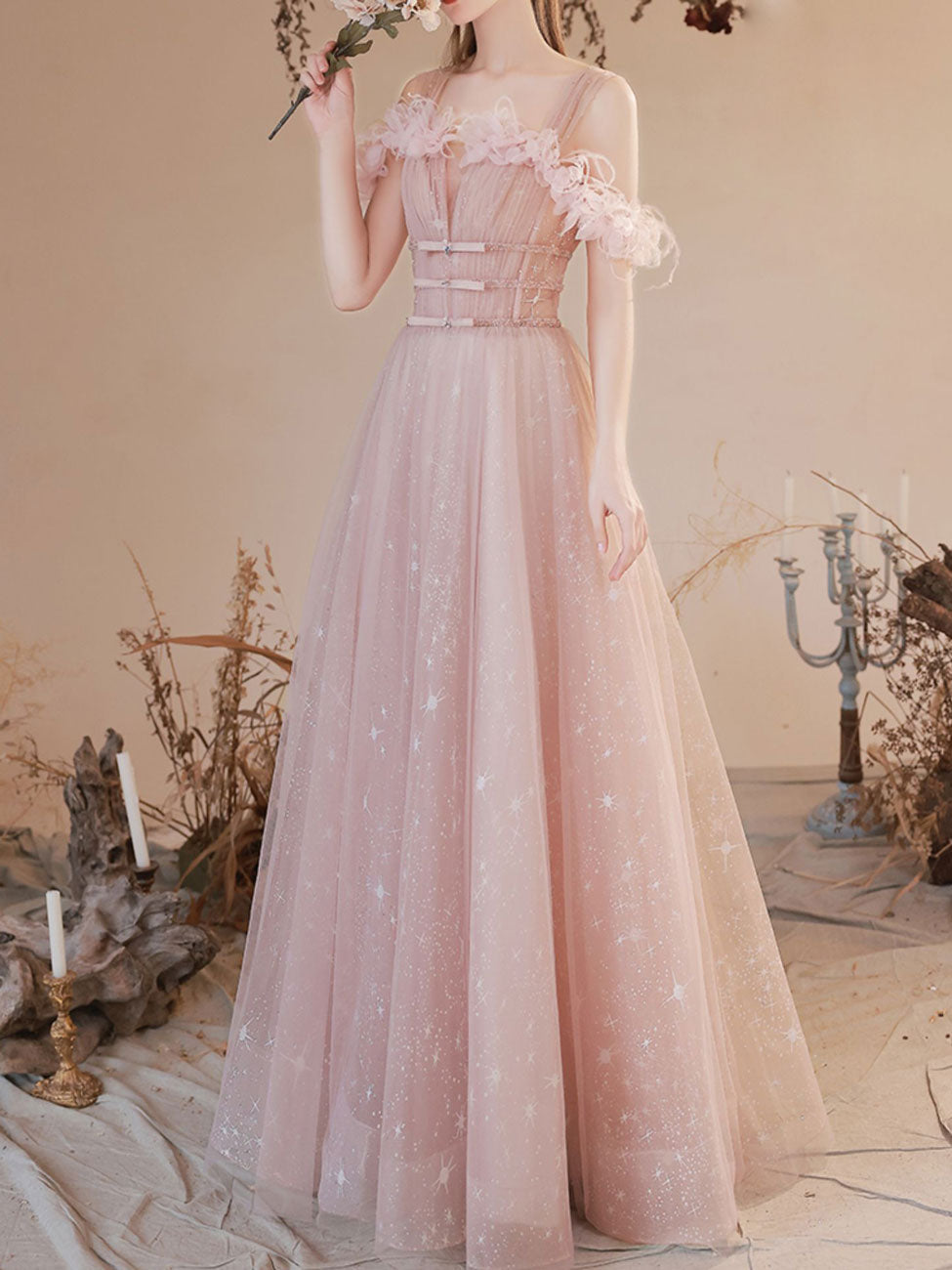 A-Line Sweetheart Off-the-Shoulder Floor-Length Pink Tulle Prom Dress with Floral Trim and Starry Glitter
