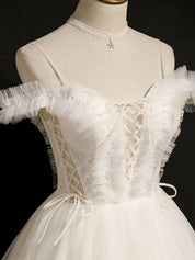 A-Line Off-the-Shoulder Mini White Tulle Homecoming Dress with Ruffled Corset Bodice