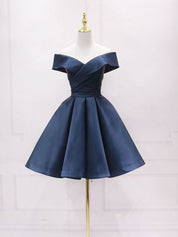 Navy A-Line Off-the-Shoulder Knee-Length Satin Homecoming Dress with Pleated Bodice