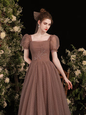A-Line Square Neck Floor-Length Mocha Polka Dot Tulle Prom Dress with Puff Sleeves