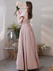 A-Line One-Shoulder Floor-Length Blush Satin Prom Dress with Sculptural Bow Detail