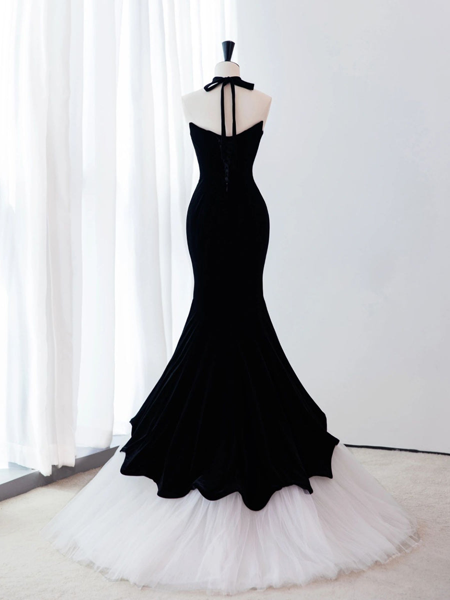 White Velvet Mermaid Long Prom Dress, Black Formal Evening Dress