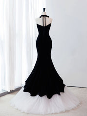 Black/White Velvet Mermaid Long Prom Dress, Black Formal Evening Dress
