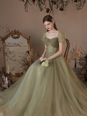 A-Line Square Neck Floor-Length Tulle Swiss Dot Prom Dress with Puff Sleeves